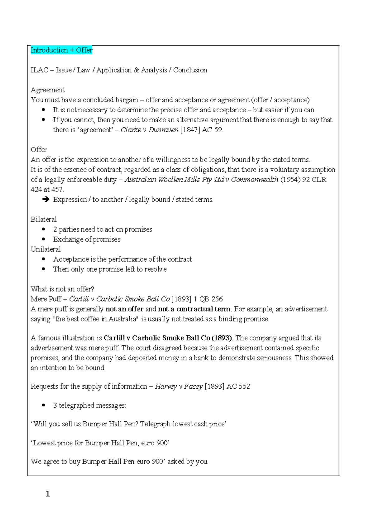 Contracts Notes: Analysis of Offer and Acceptance in Law - Studocu