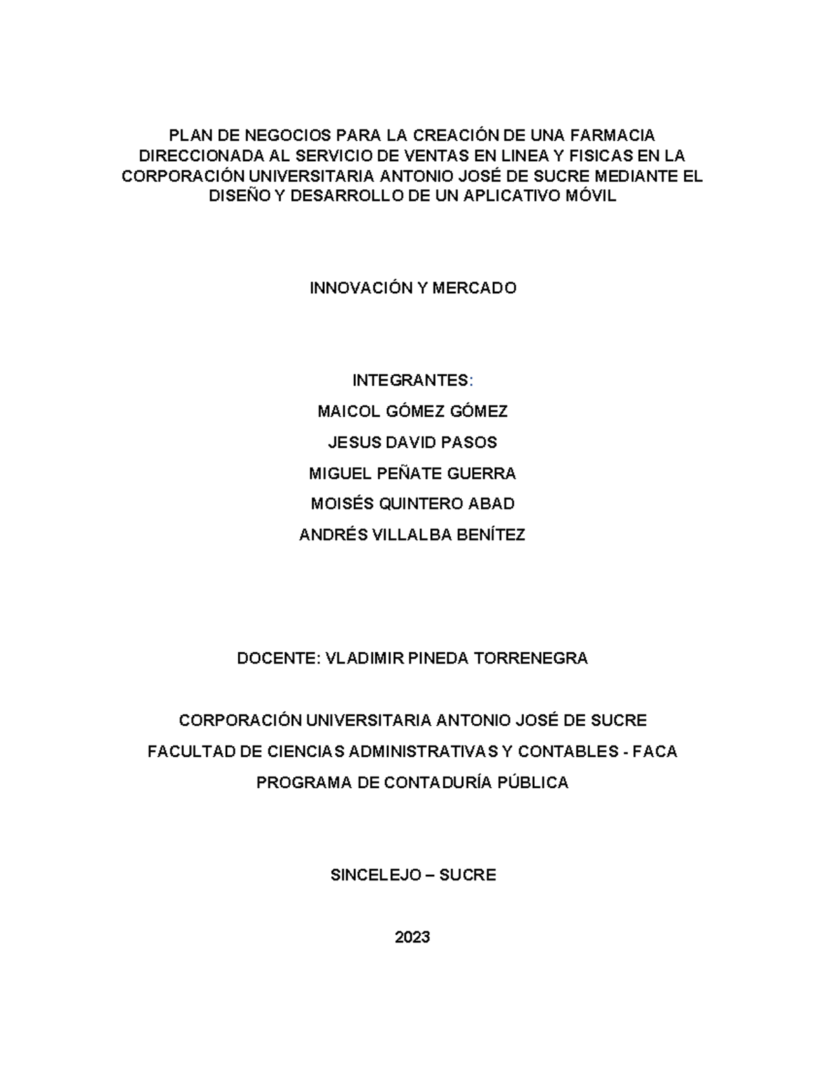 **PLAN DE NEGOCIOS: CREACIÓN DE UNA FARMACIA EN LA UAJS** - Document Preview