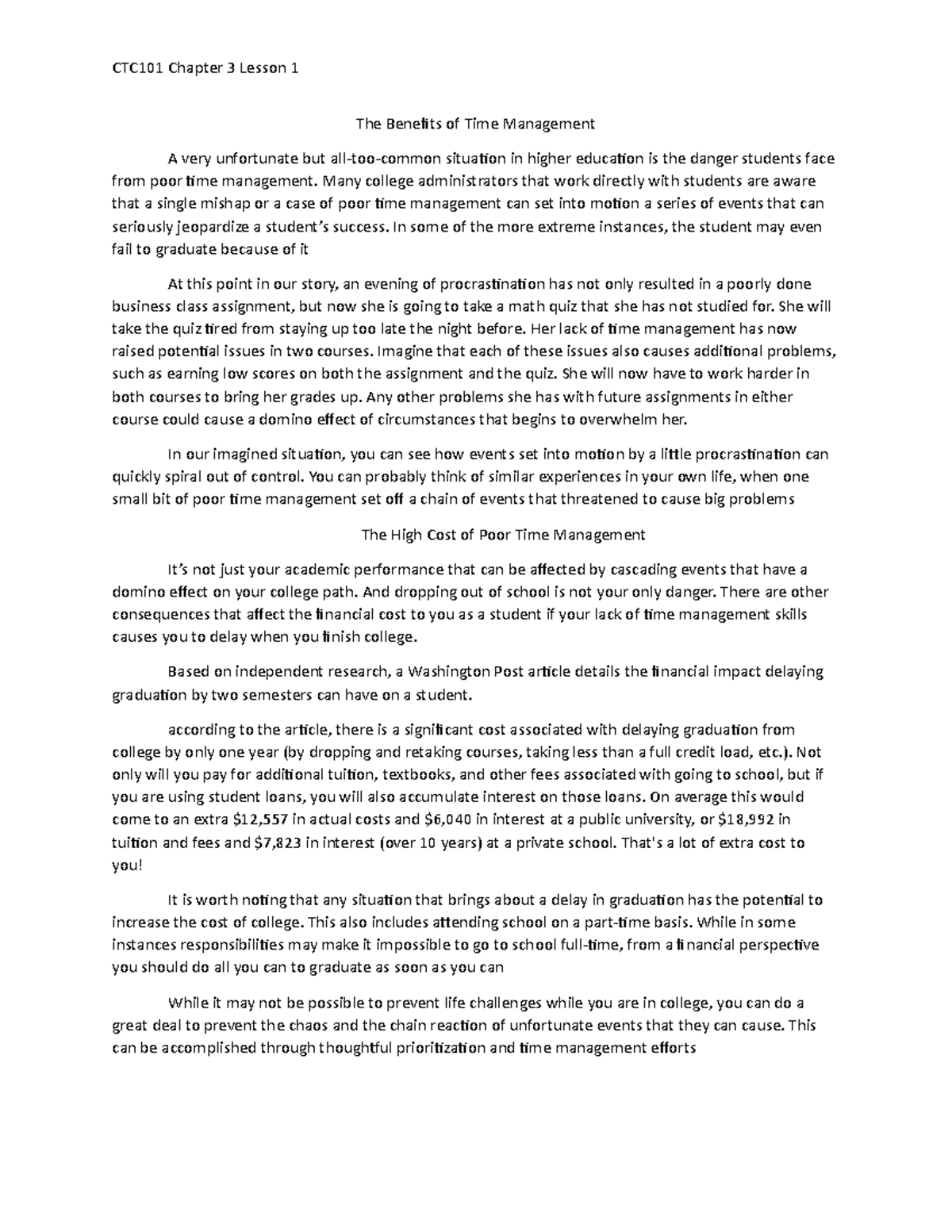 CTC101 Chapter 3 Lesson 1: Understanding Time Management Benefits - Studocu