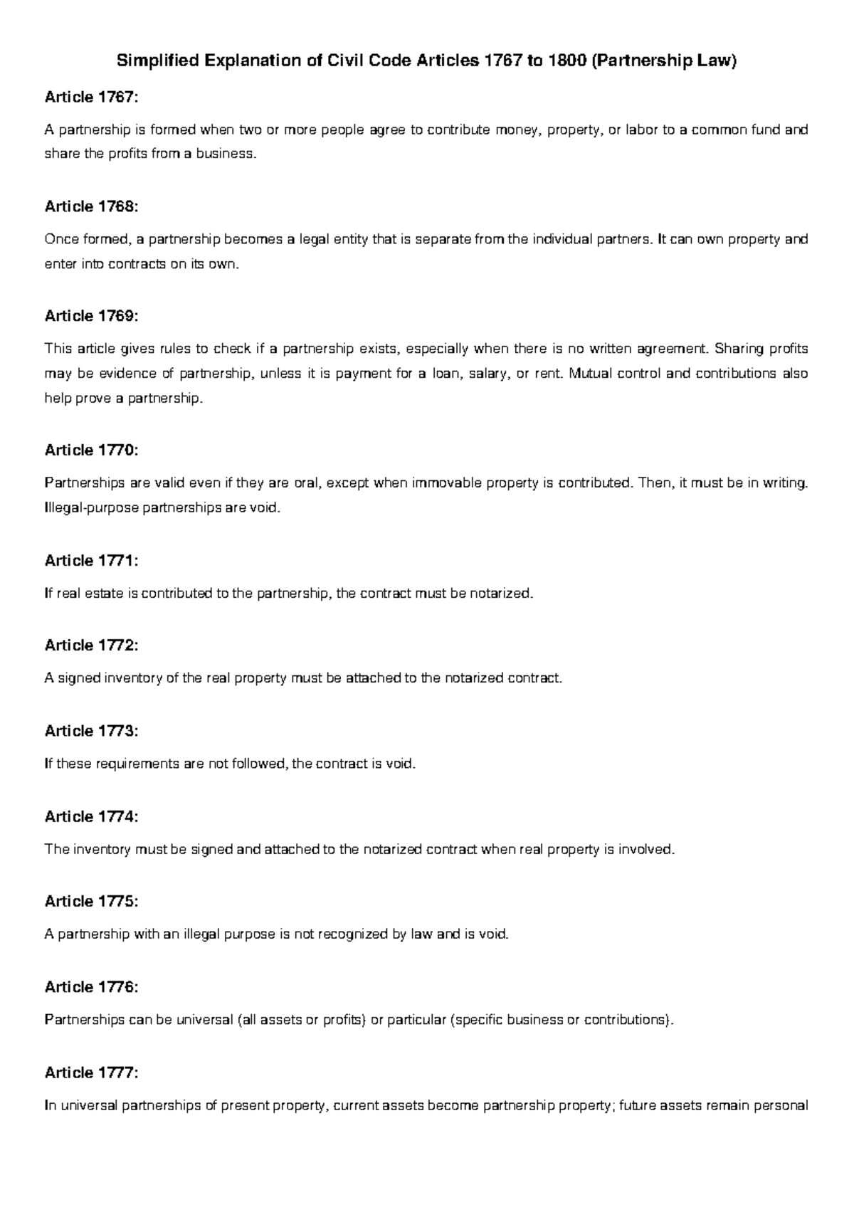 Civil Code Articles 1767-1800: Simplified Partnership Law Overview ...
