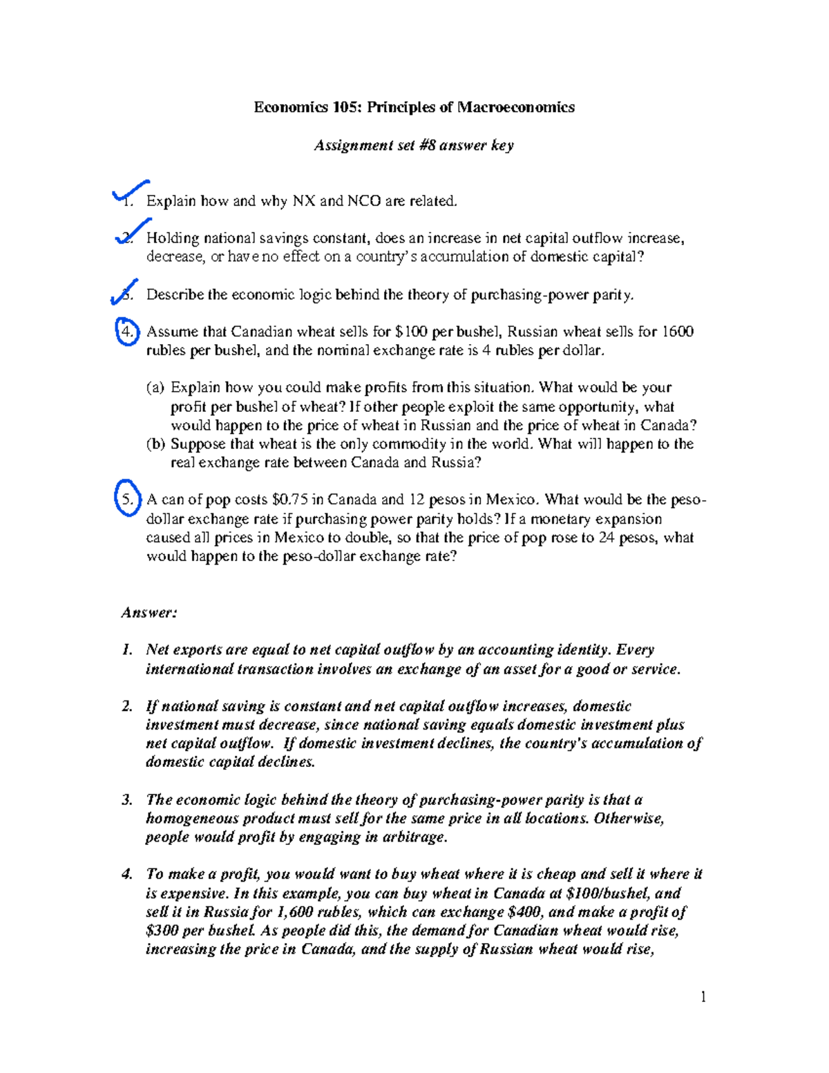 Econ 105: Assignment 8 Answer Key & Economic Concepts Explained - Studocu