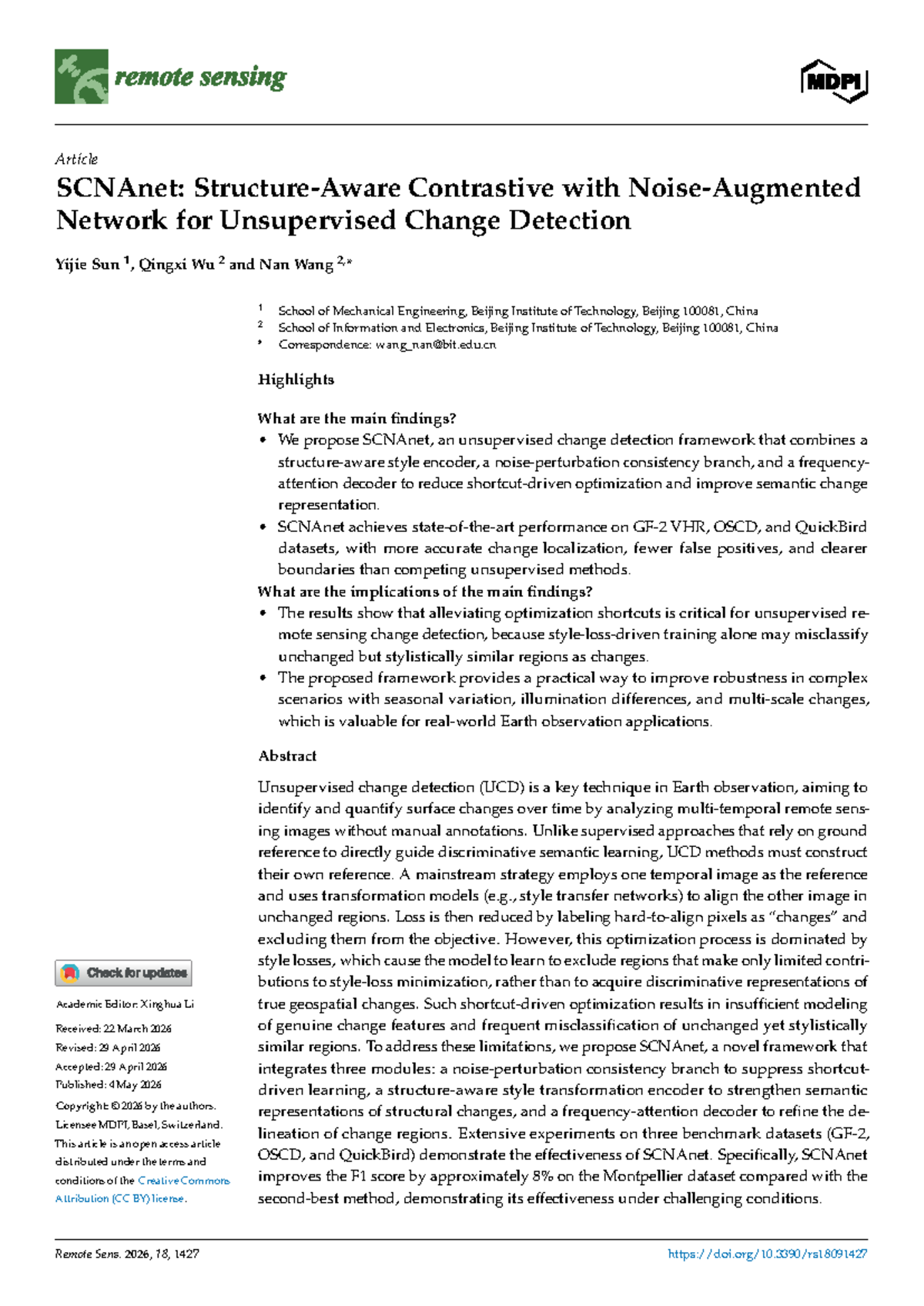 SCNAnet: A Novel Unsupervised Change Detection Framework for Remote ...