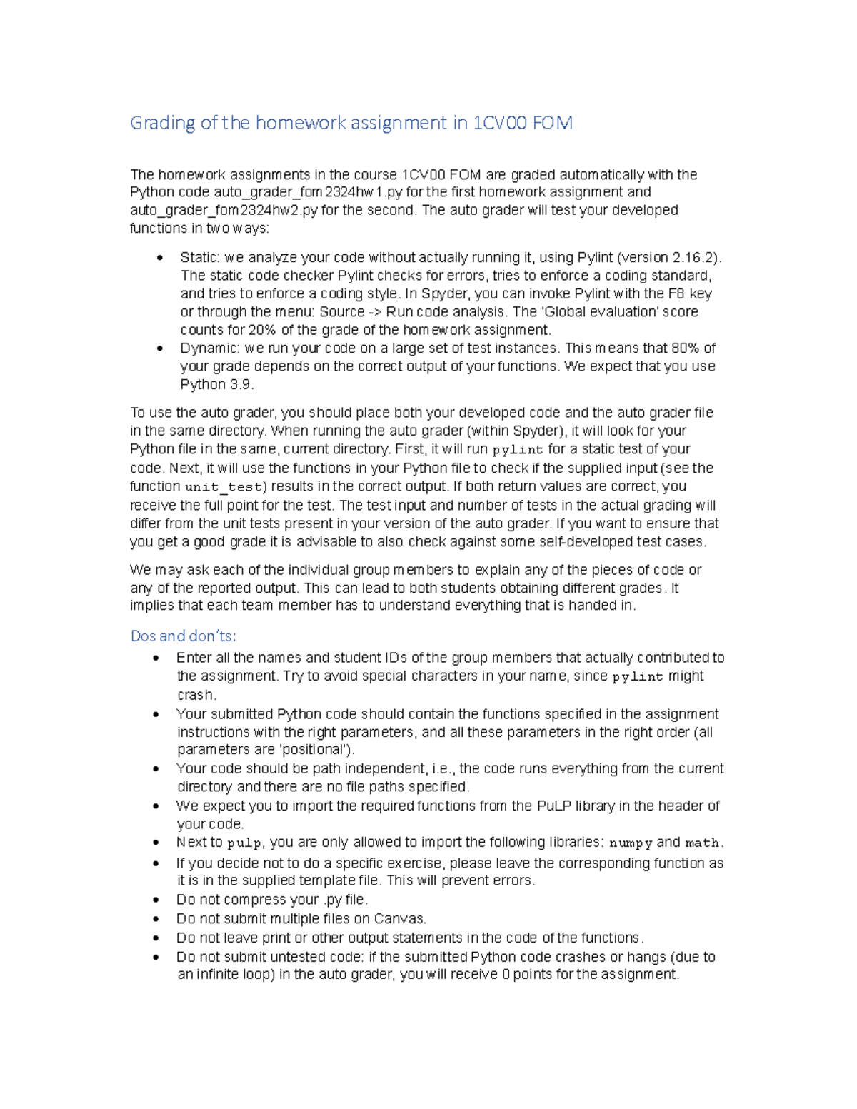 FOM2324 Homework Grading Procedure for 1CV00 Course - Studeersnel