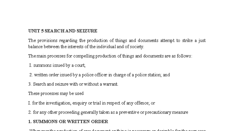 UNIT 5: SEARCH AND SEIZURE - Legal Provisions and Procedures - Studocu