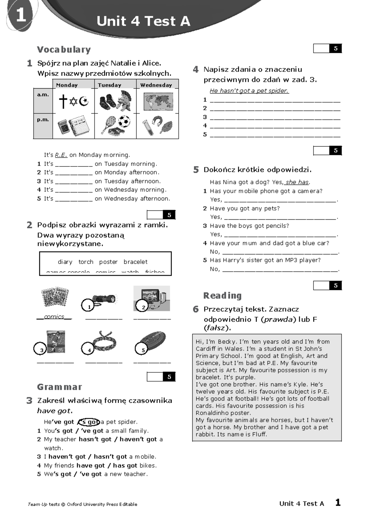 Team Up 1 Unit 4 Test A, B, and C Vocabulary & Grammar - Studocu