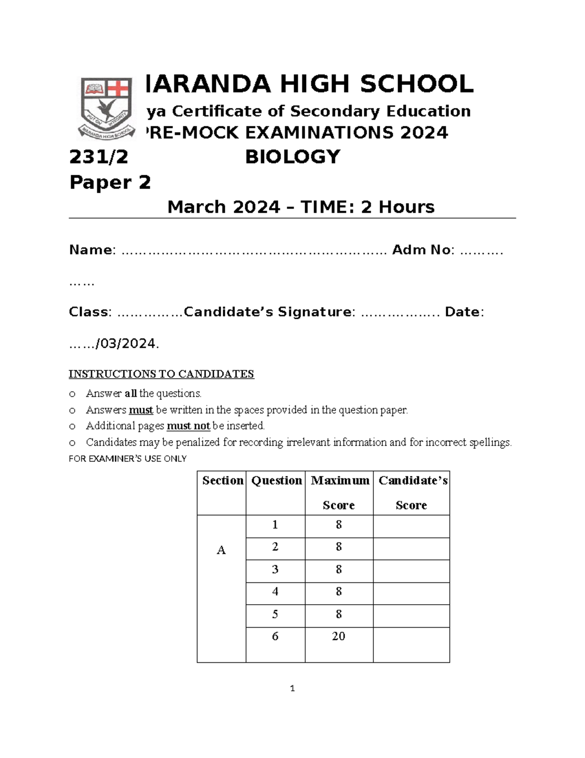 MARANDA HIGH SCHOOL KCSE 2024 Biology Paper 2 Exam Guide - Studocu