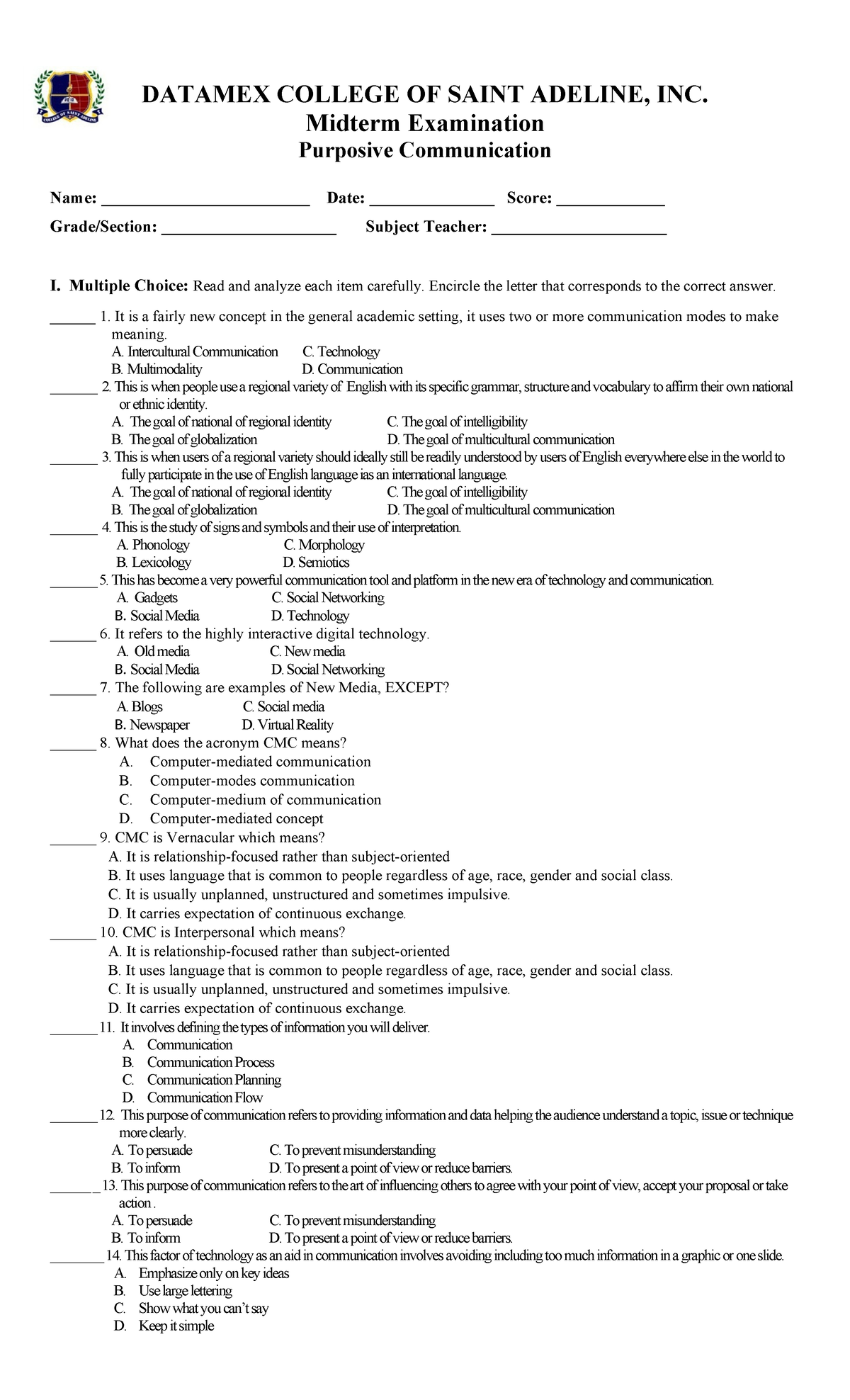 Purposive Communication - Midterm Exam Review and Questions - Studocu