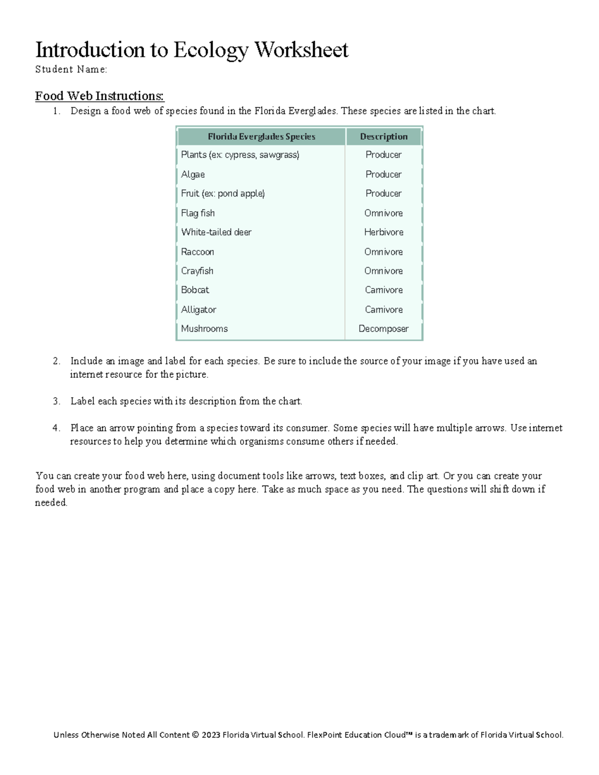 Ecology Worksheet 01 03: Food Web Project - 3rd Assignment - Studocu