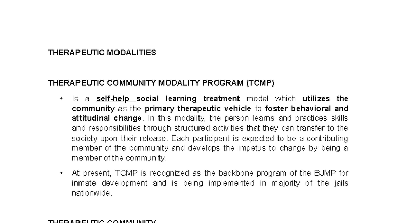 TCMP: Understanding the Therapeutic Community Modality Program - Studocu