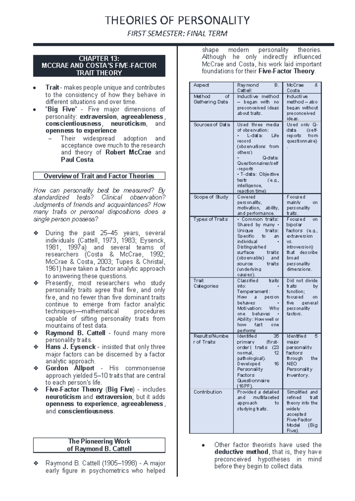 THEORIES OF PERSONALITY 1ST SEMESTER: FINAL TERM CHAPTER 13 SUMMARY ...