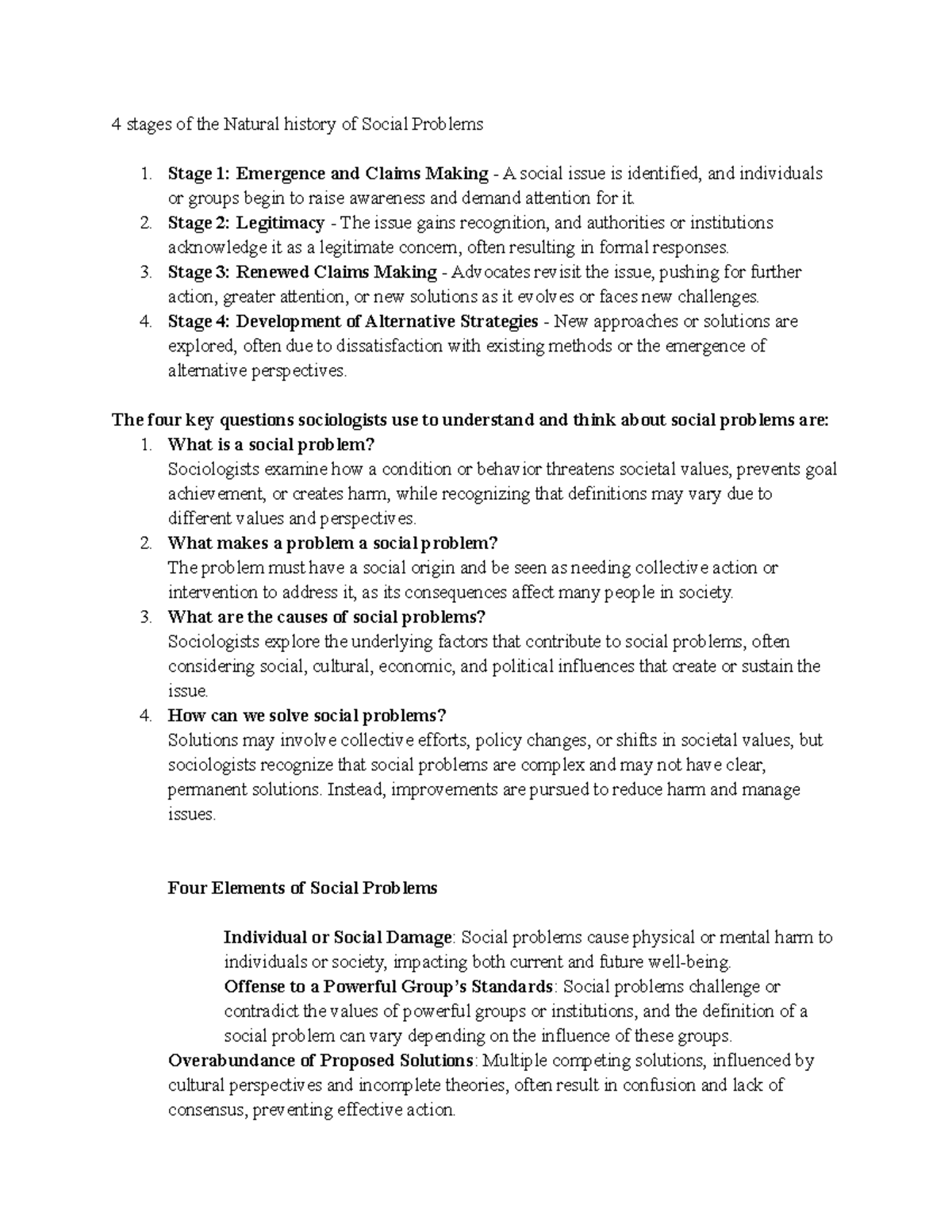 Self Study Notes on Stages & Elements of Social Problems - Studocu
