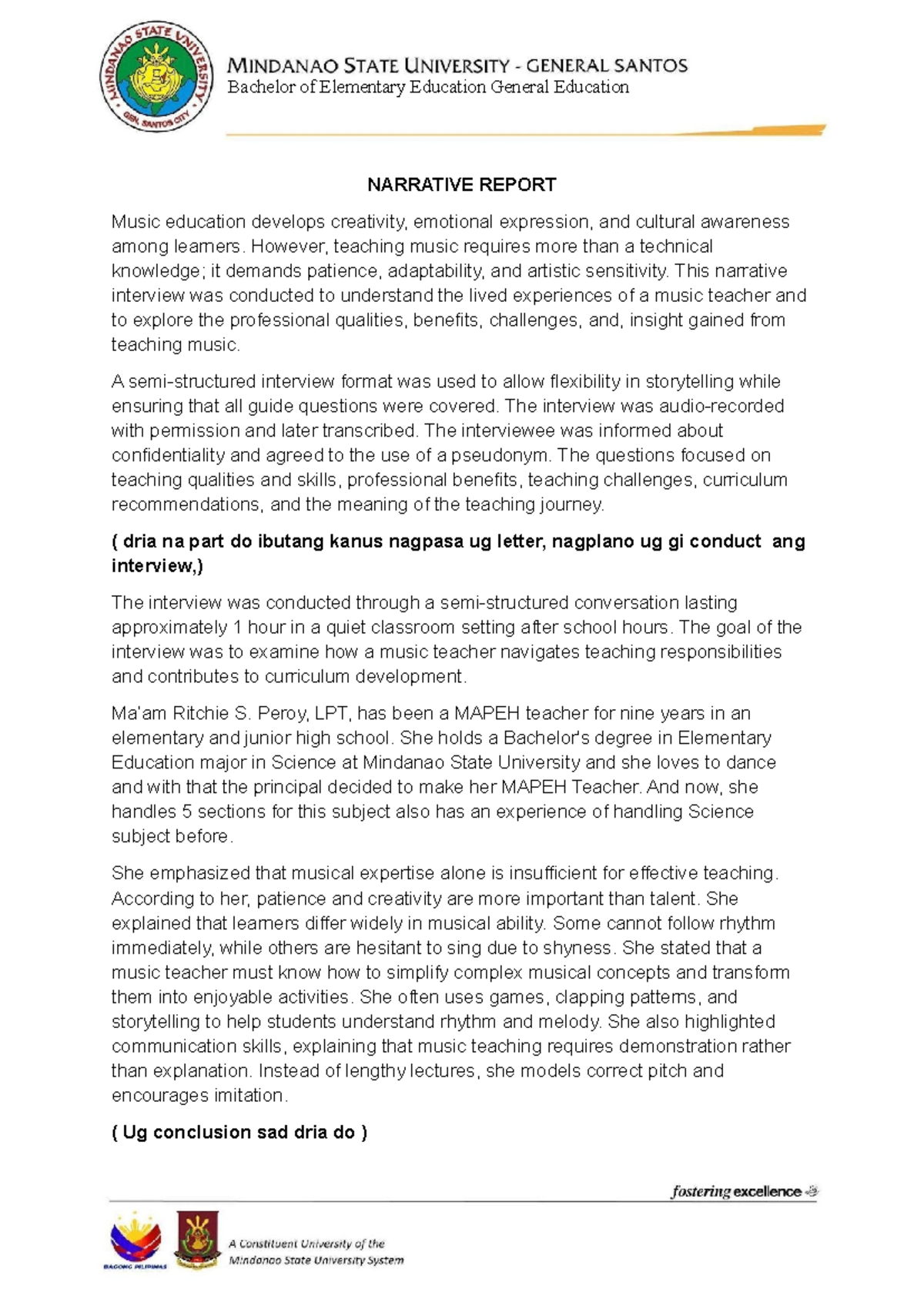 Narrative Report on Music Education: Insights from a MAPEH Teacher ...