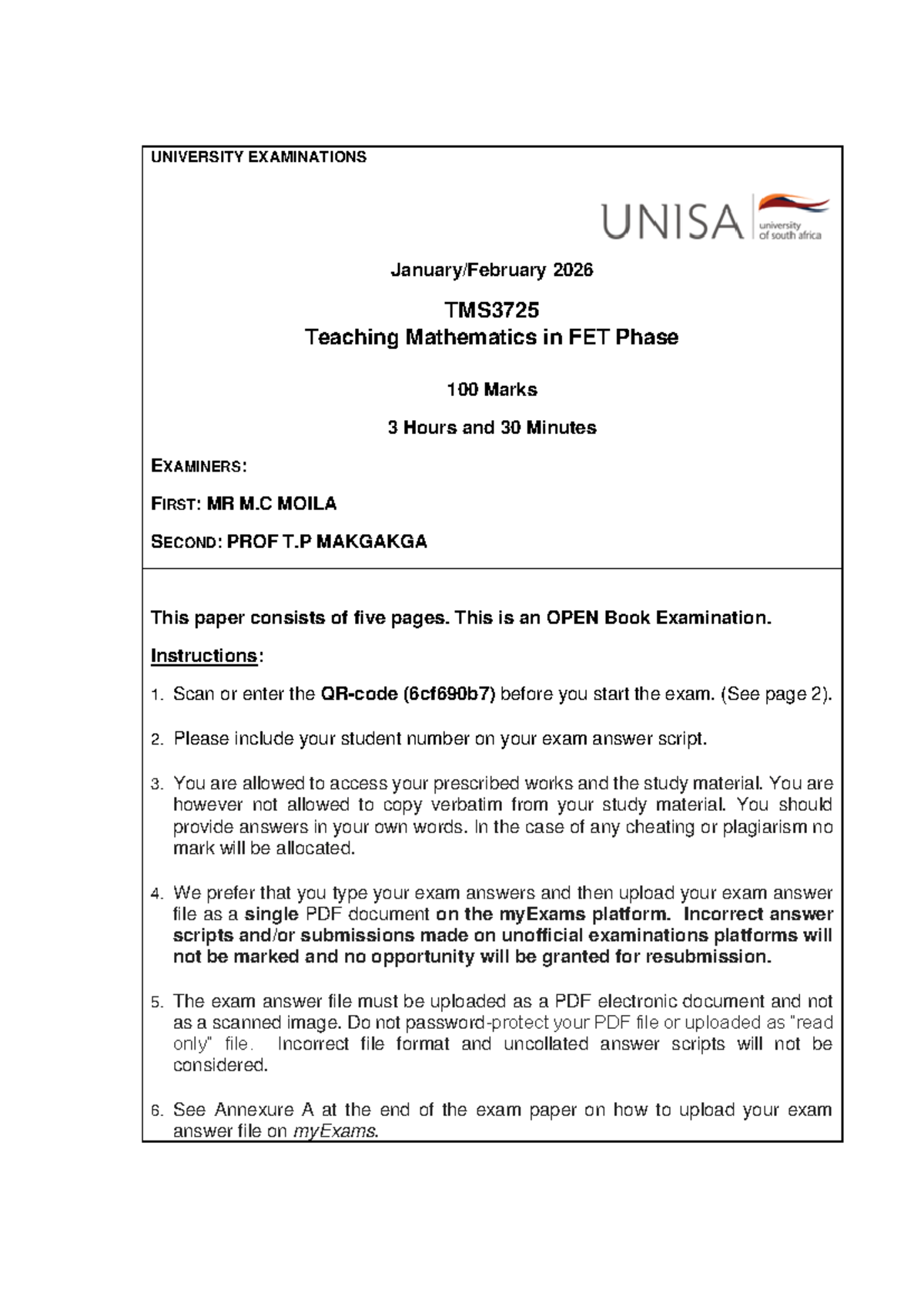 TMS3725 Final Exam Guidelines and Questions - January 2026 - Studocu