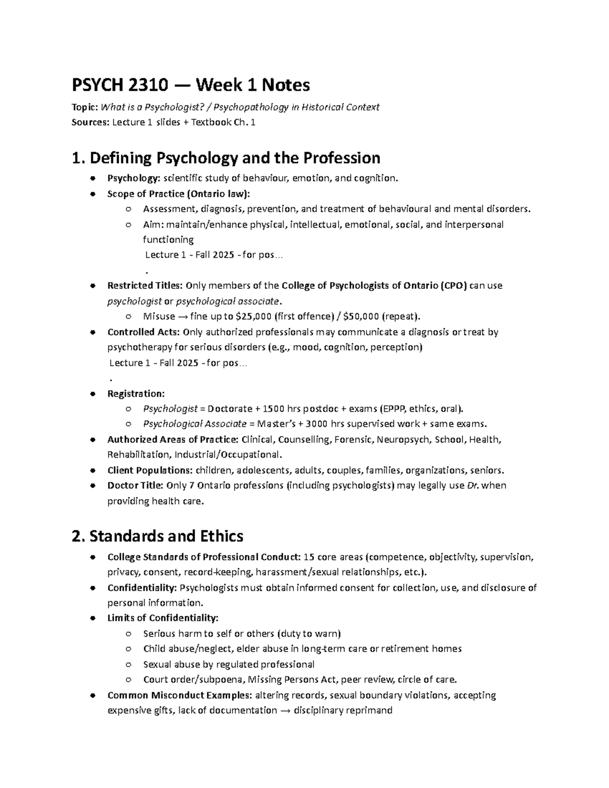 PSYCH 2310 Week 1 Lecture Notes: Understanding Psychologists ...