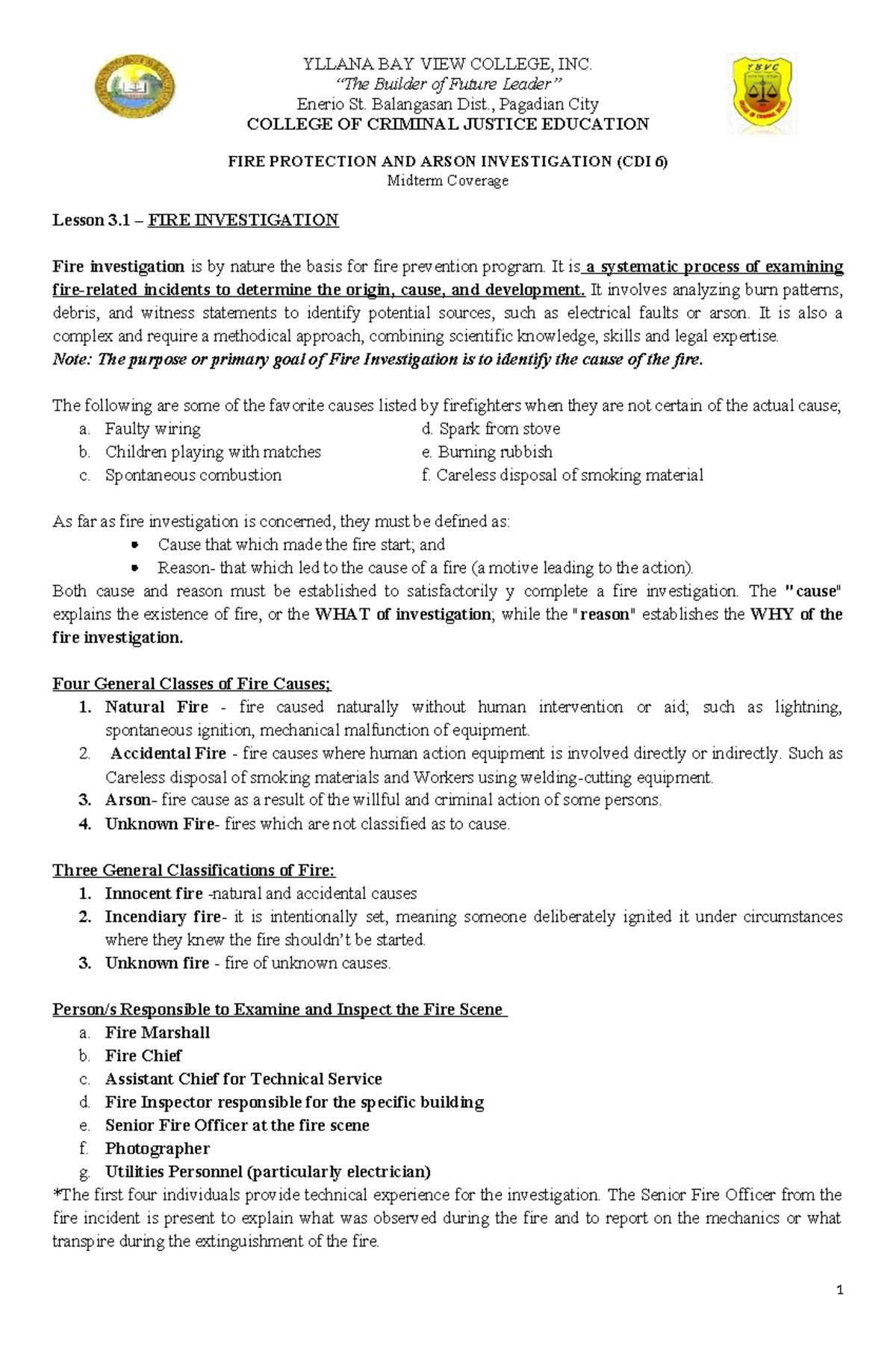 Midterm Notes on Fire Protection & Arson Investigation (CDI 6) - Studocu