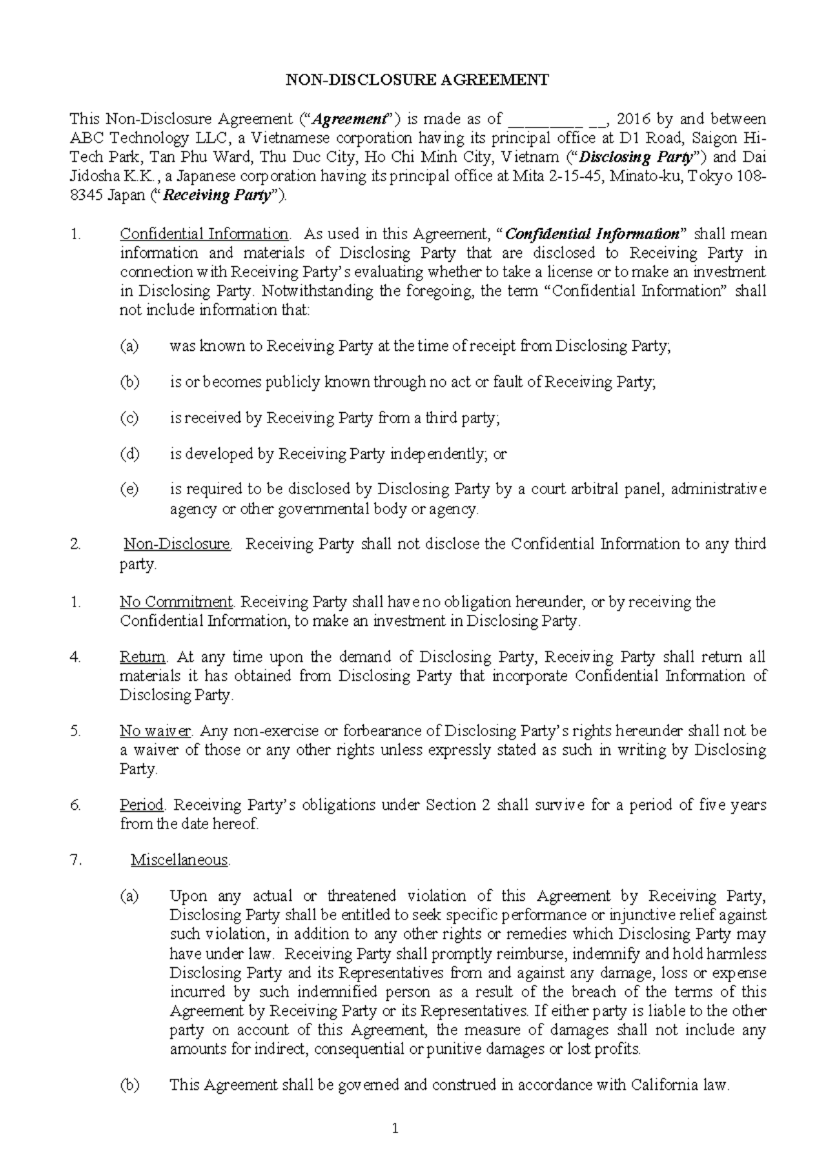 NDA Sample Agreement - Mẫu Hợp Đồng NDA - Studocu
