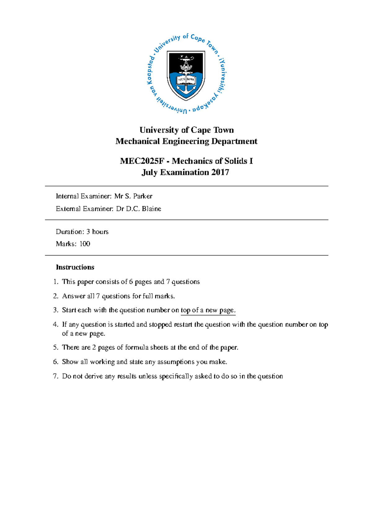 MEC2025F - Mechanics of Solids I July 2017 Exam Questions - Studocu
