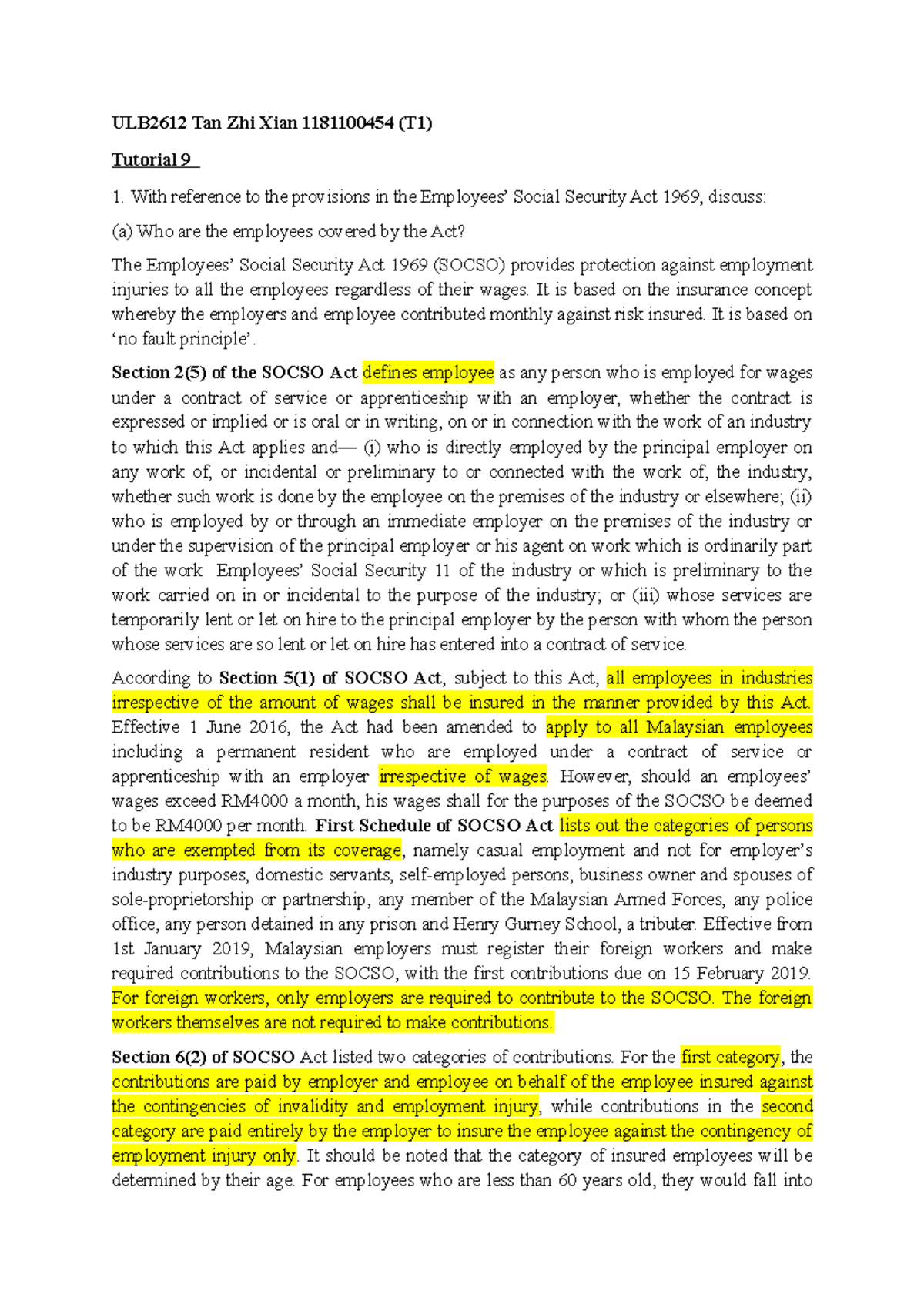 ULB2612 Final Exam Labour Law Tutorial 9: Understanding SOCSO Coverage ...