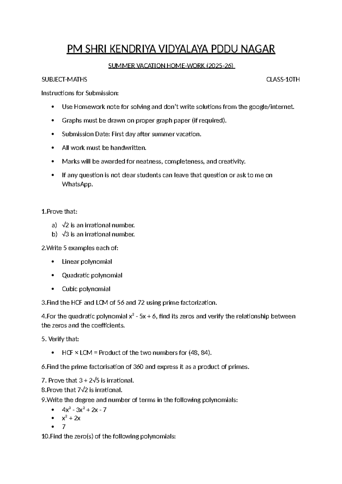 10TH - Summer Vacation Homework Instructions for PM SHRI KENDRIYA ...
