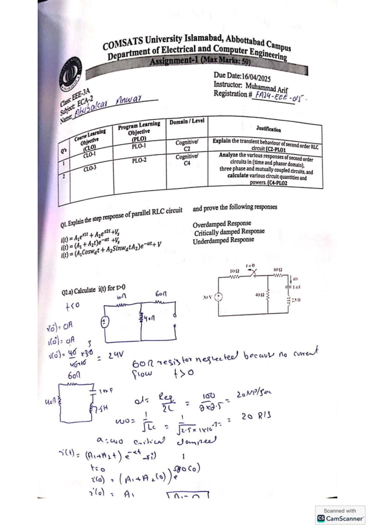 ECA 1 - Assignment on RLC Circuit Responses and Analysis - Studocu