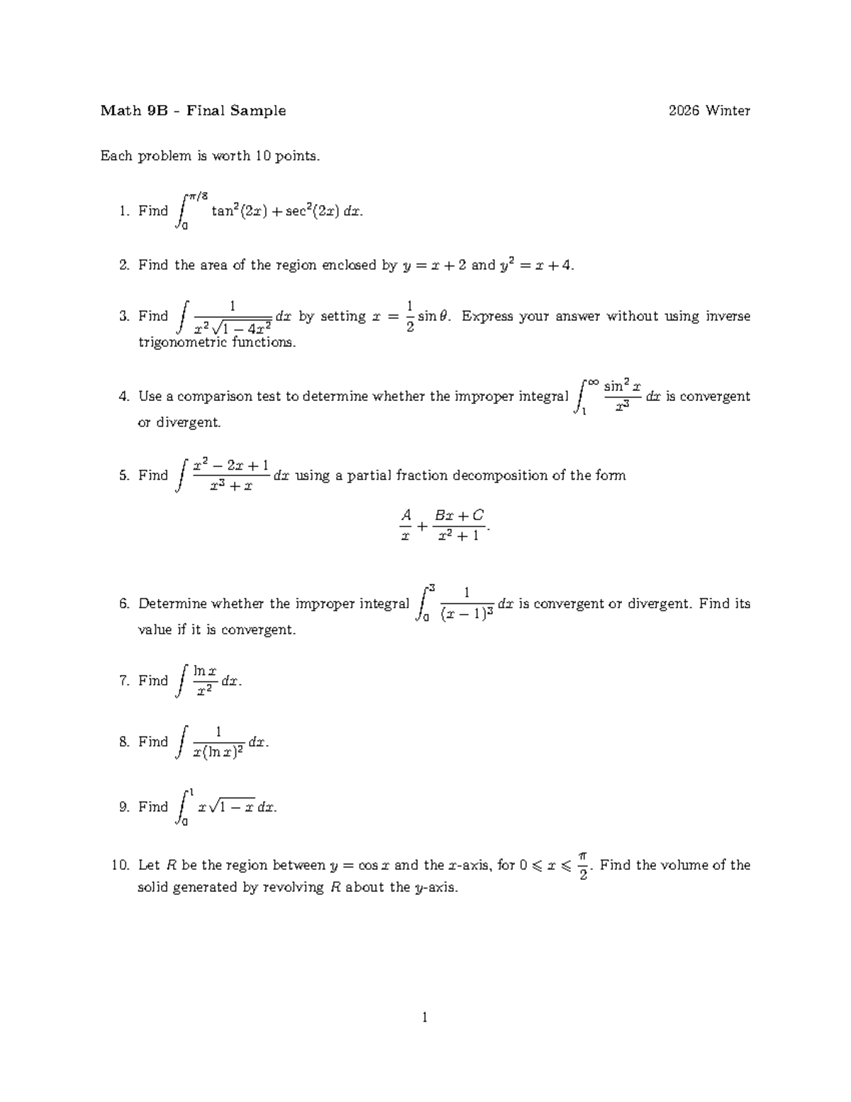 Math 9B Final Exam Sample 2026 Winter: Calculus Problems - Studocu