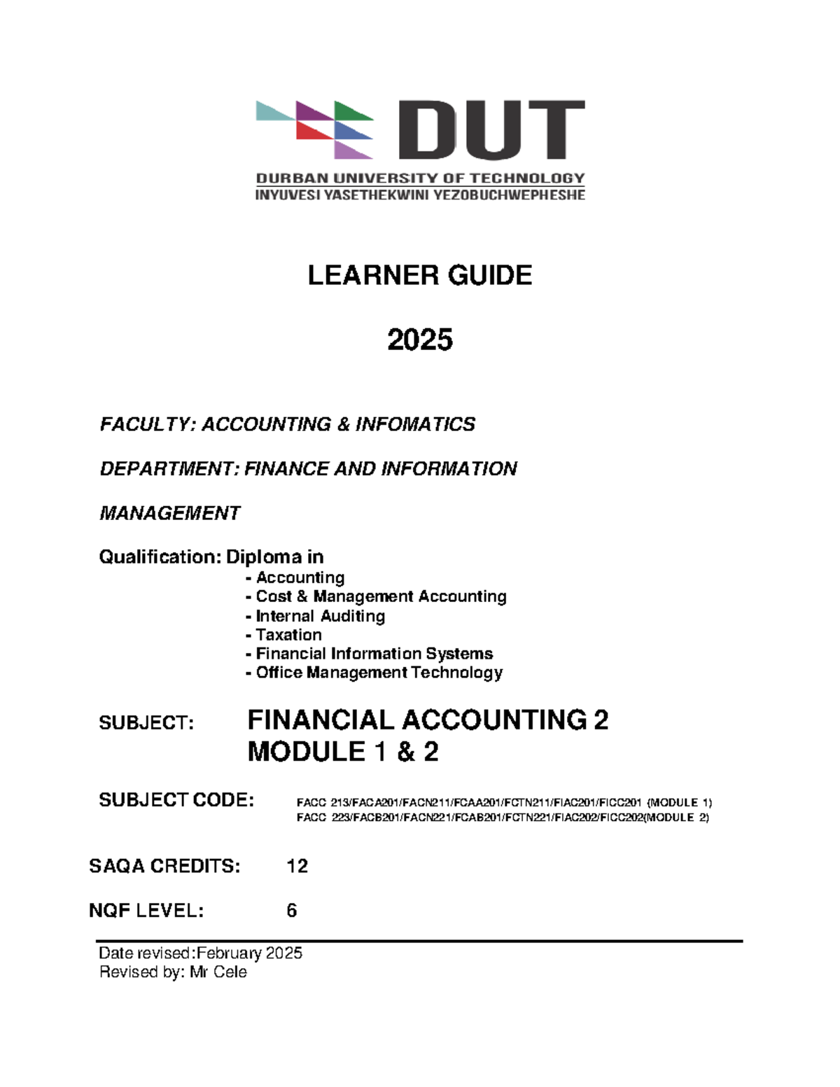Learner Guide: Financial Accounting 2 (FACC 2) Module 1 - 2025 - Studocu