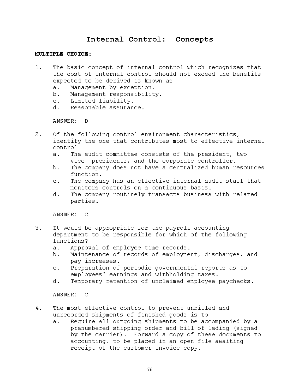 Internal Control Concepts: Key MCQs for Exam Preparation - Studocu