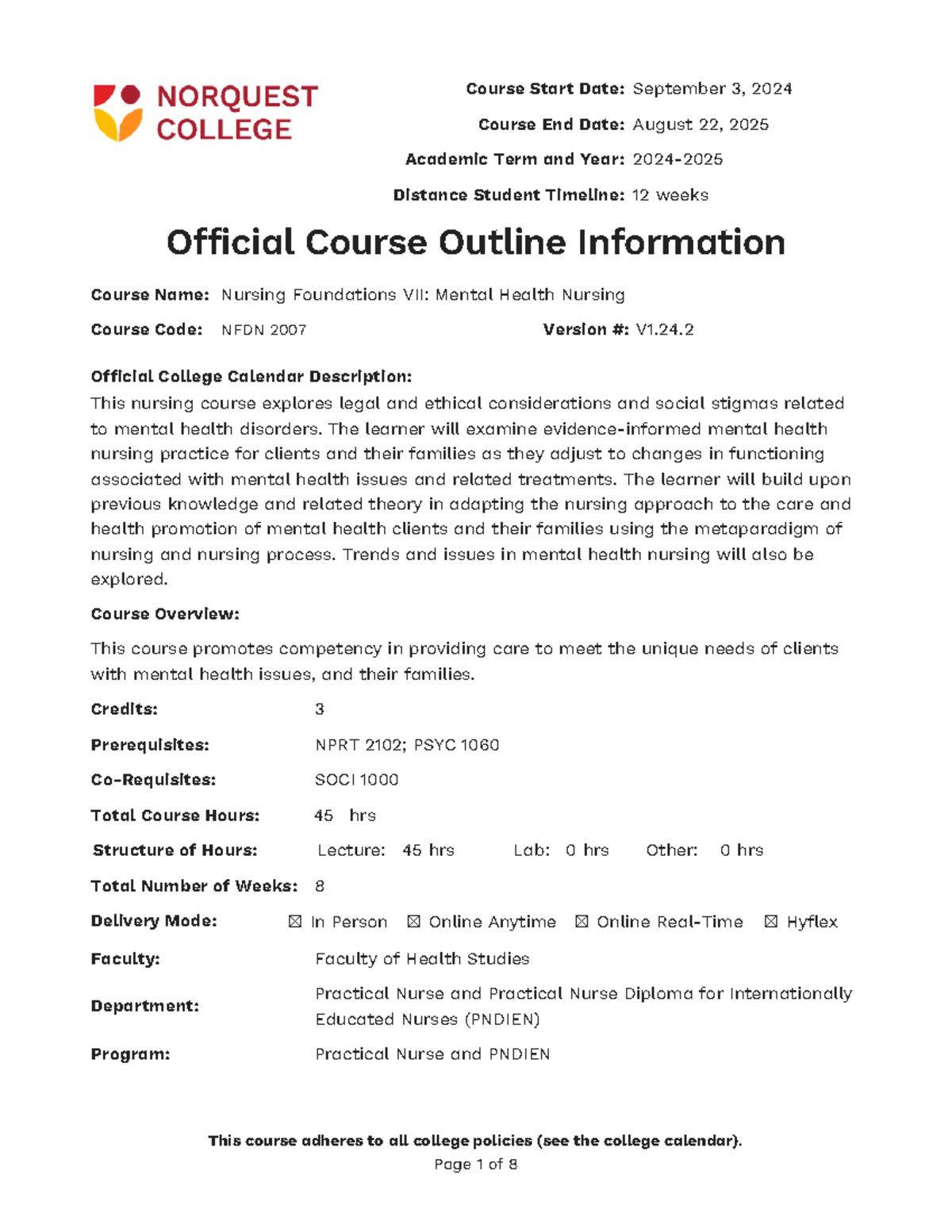 NFDN 2007 Course Outline: Nursing Foundations VII in Mental Health ...
