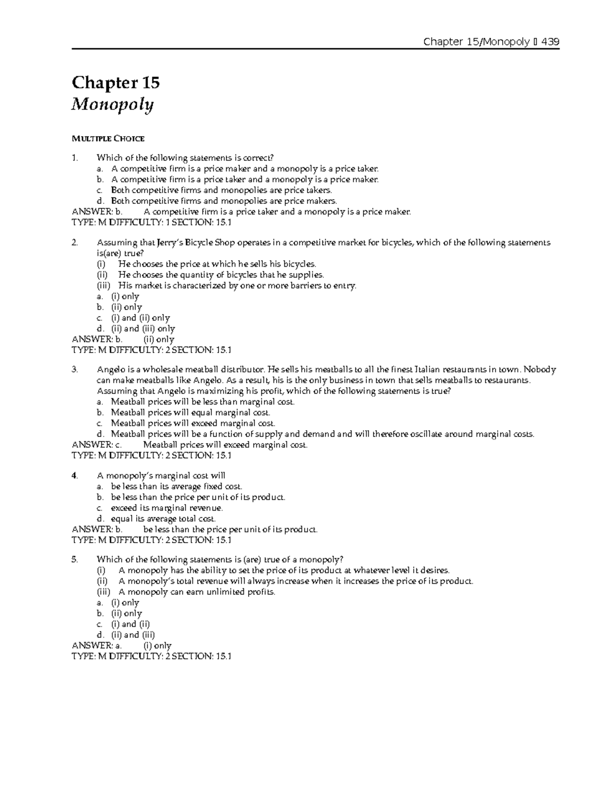 Chapter 15 Test Bank: Monopoly Practice Questions for Final Exam - Studocu