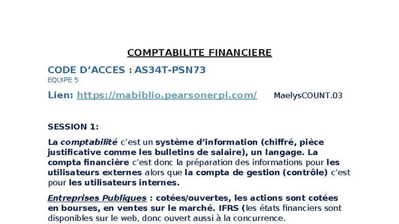 Cours Compta - Notes sur la Comptabilité Financière CODE : EQUIPE 5 ...