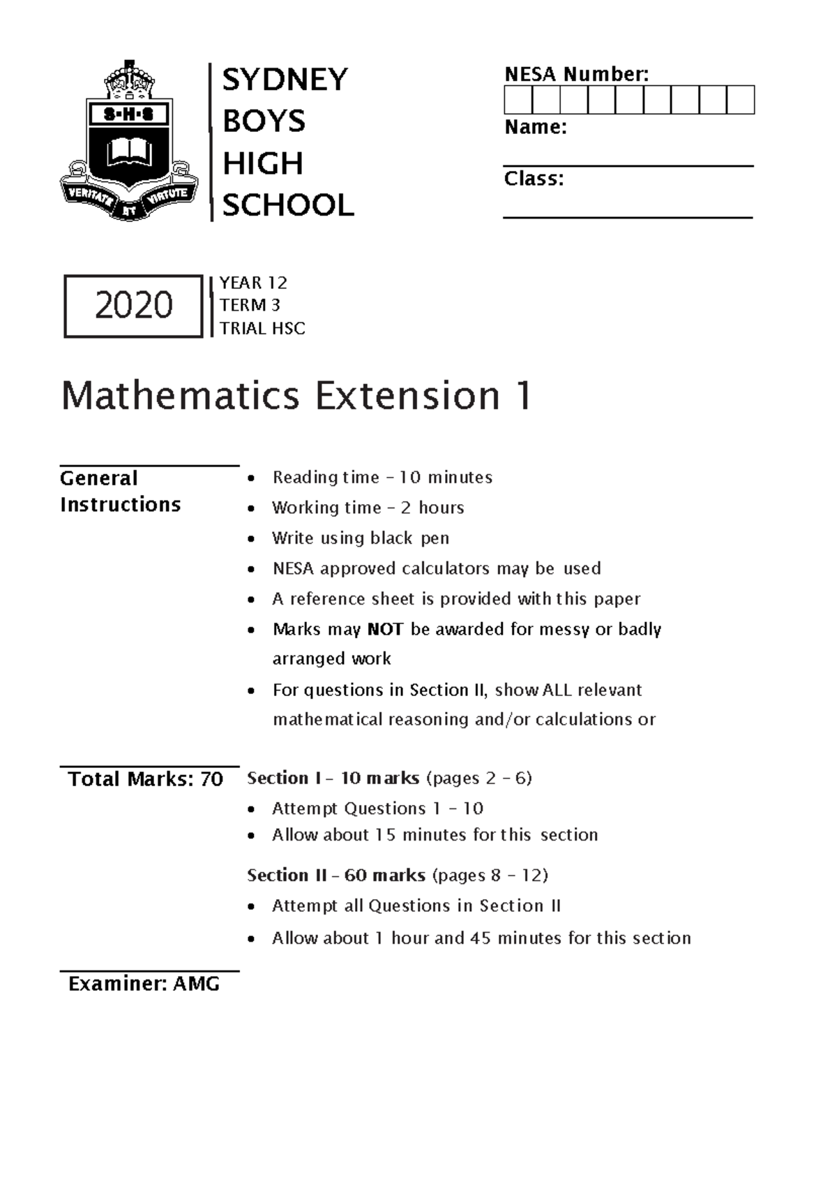 SYDNEY BOYS HIGH SCHOOL Y12 EXT 1 TRIAL HSC MATHS 2020 - Studocu