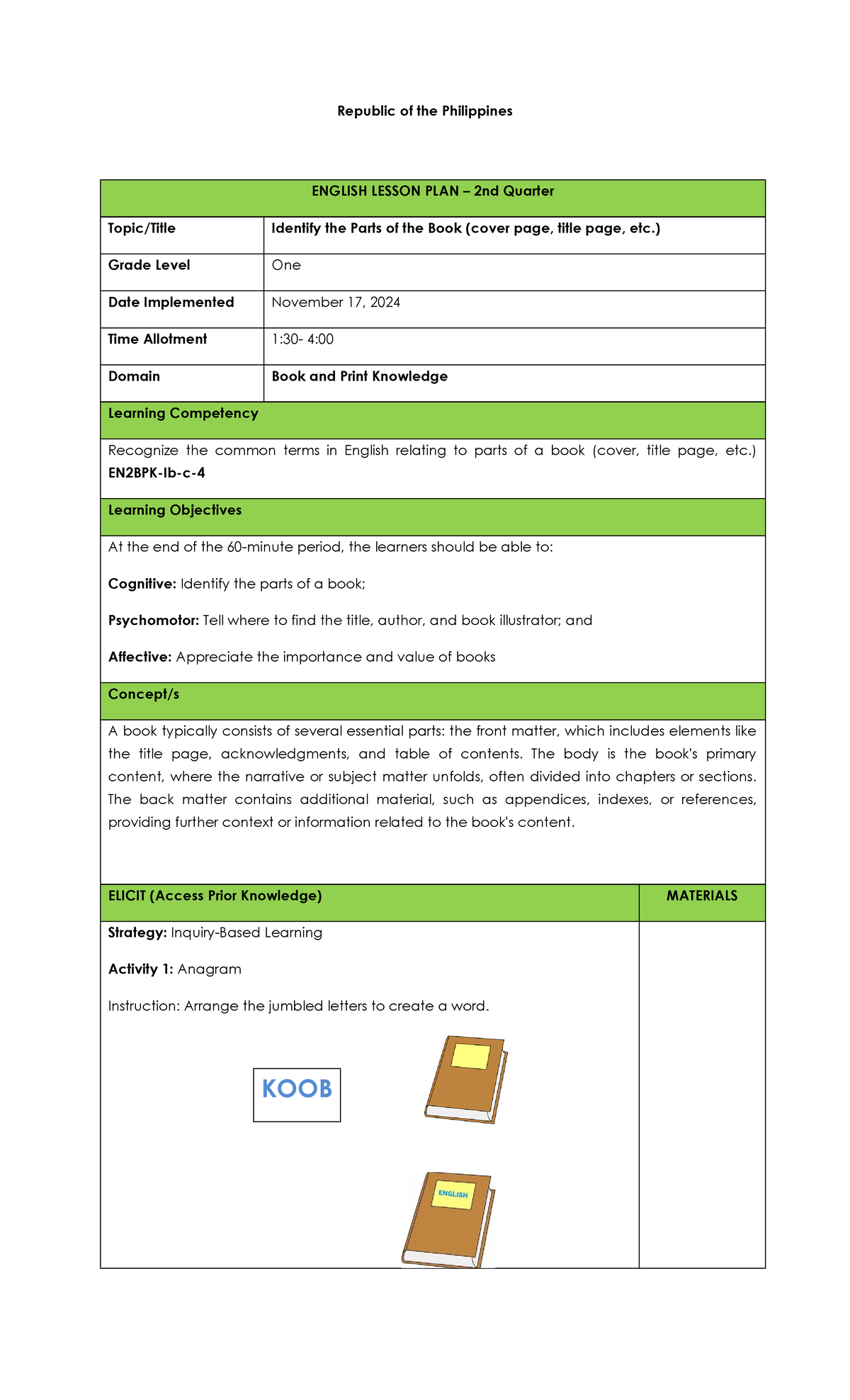 ENGLISH 7ES Detailed Lesson Plan: Identifying Book Parts - Studocu