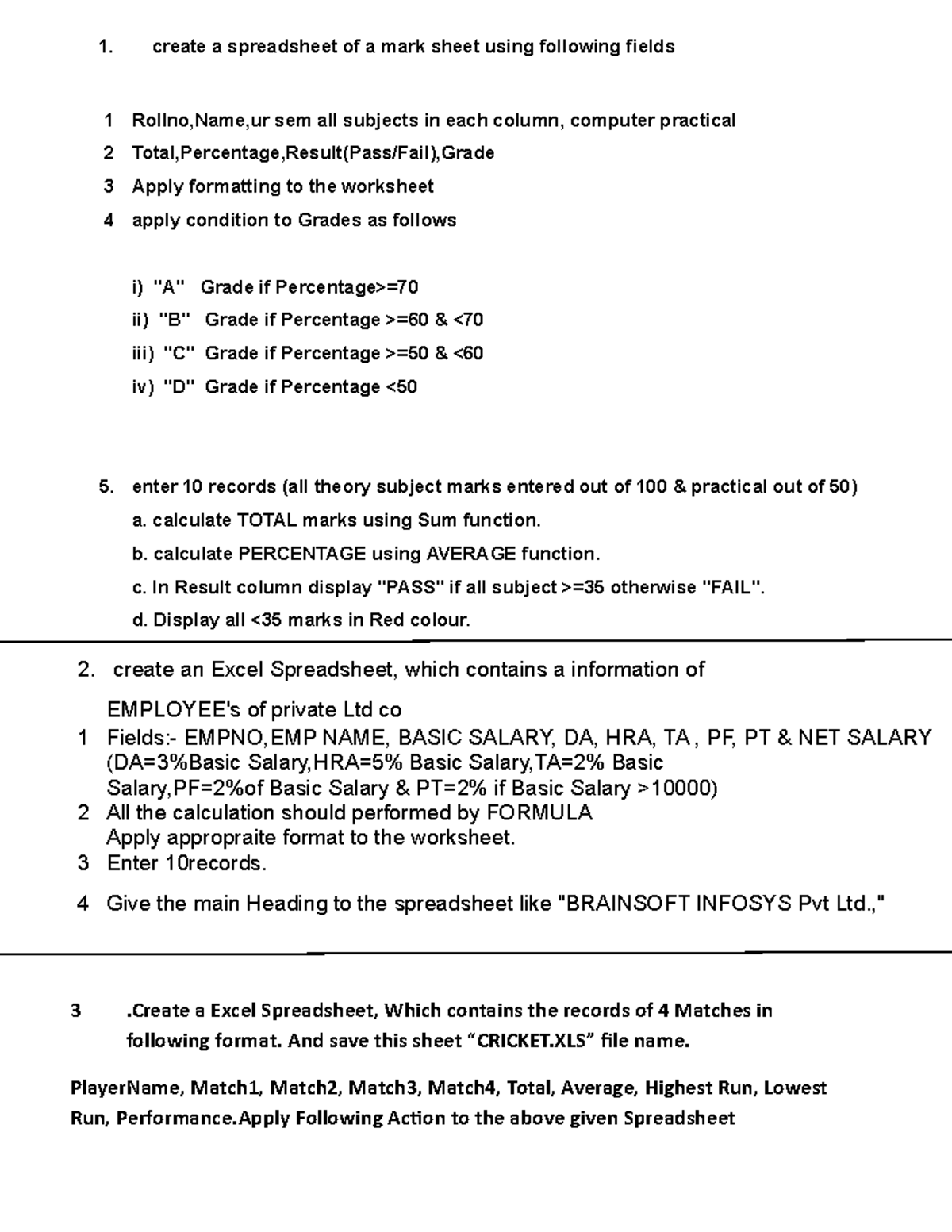 ALL Excel Assignments Question - create a spreadsheet of a mark sheet ...