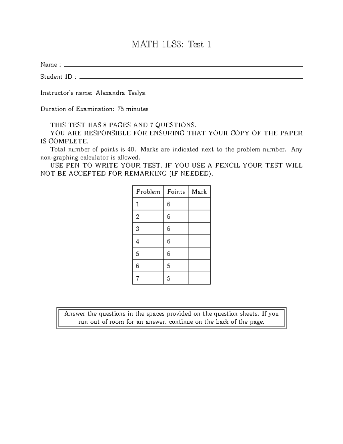 Test1 - Test 1 Practice test - MATH 1LS3: Test 1 Name : Student ID ...
