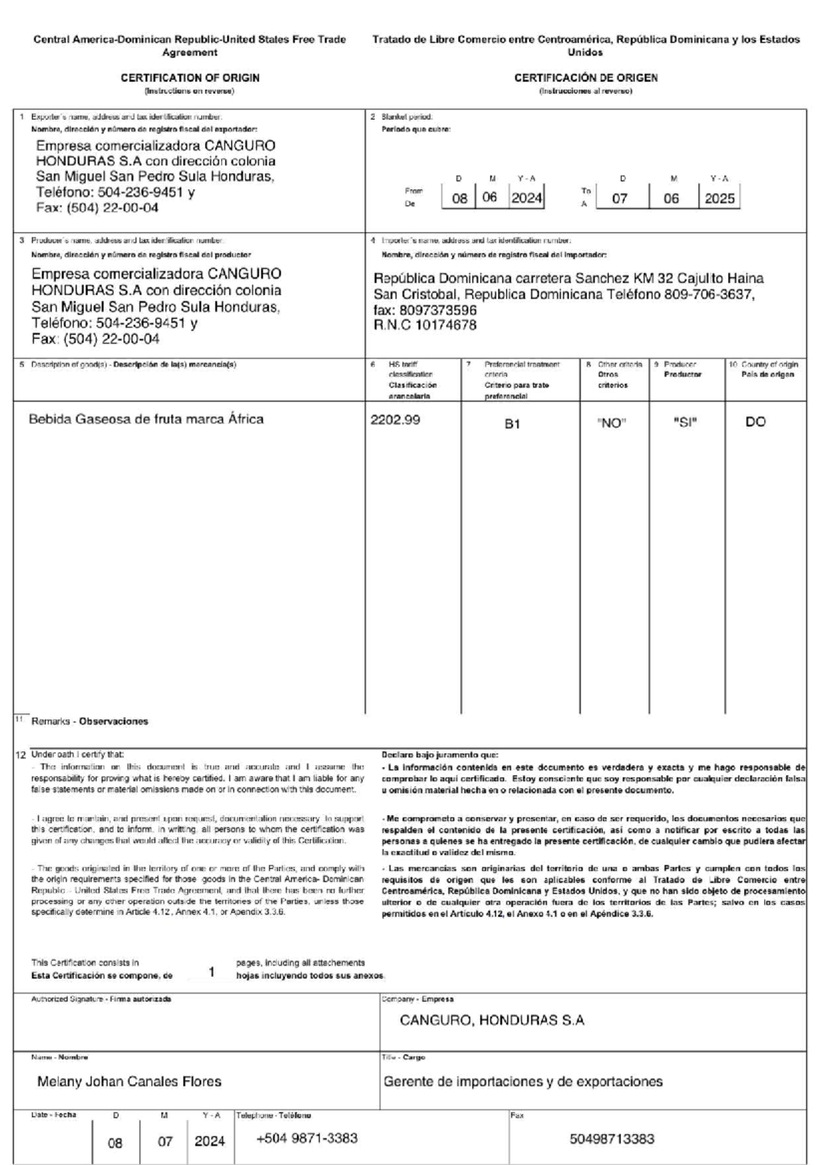 CAFTA Certification of Origin Document - Ejercicio 2 - Studocu