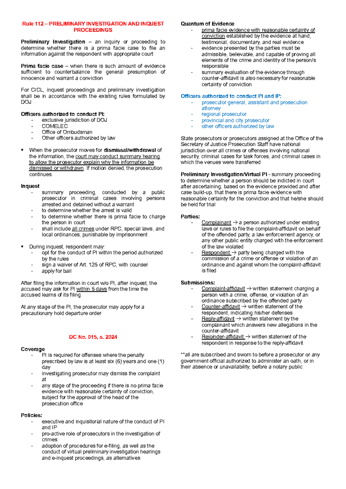 Notes on Crim Pro Rule 112: Preliminary Investigation & Inquest (DC No ...
