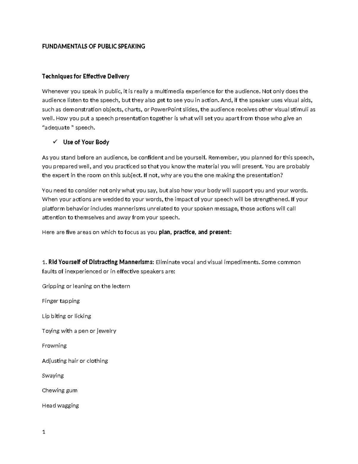 FUNDAMENTALS OF PUBLIC SPEAKING: Techniques for Effective Delivery ...