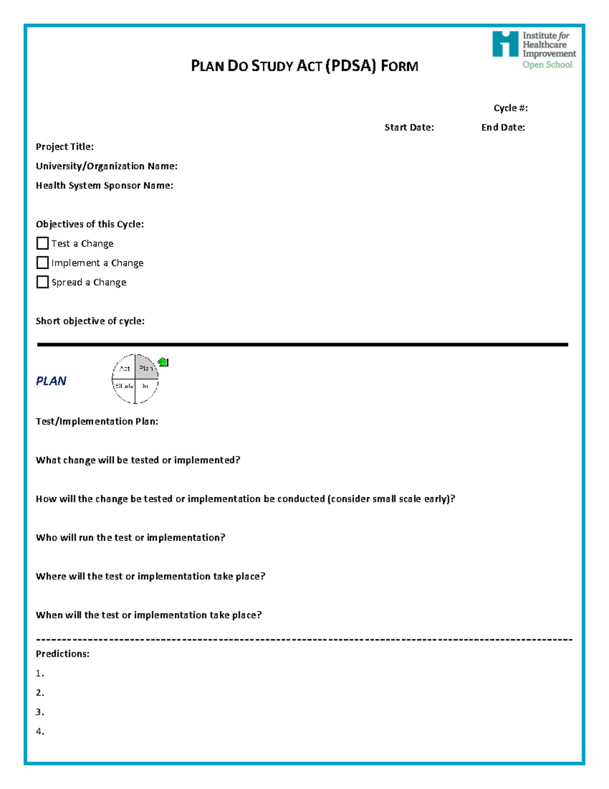 PDSA Form Template - Project Planning and Implementation Guide - Studocu