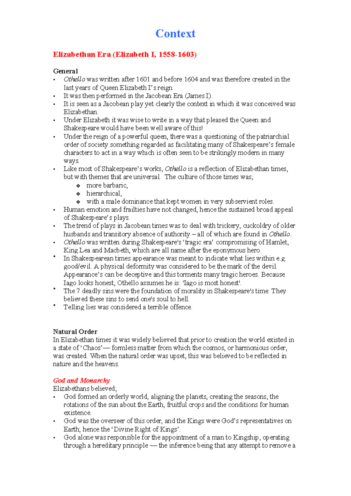 Othello: Context Notes for English Lit 101 Final Exam - Studocu
