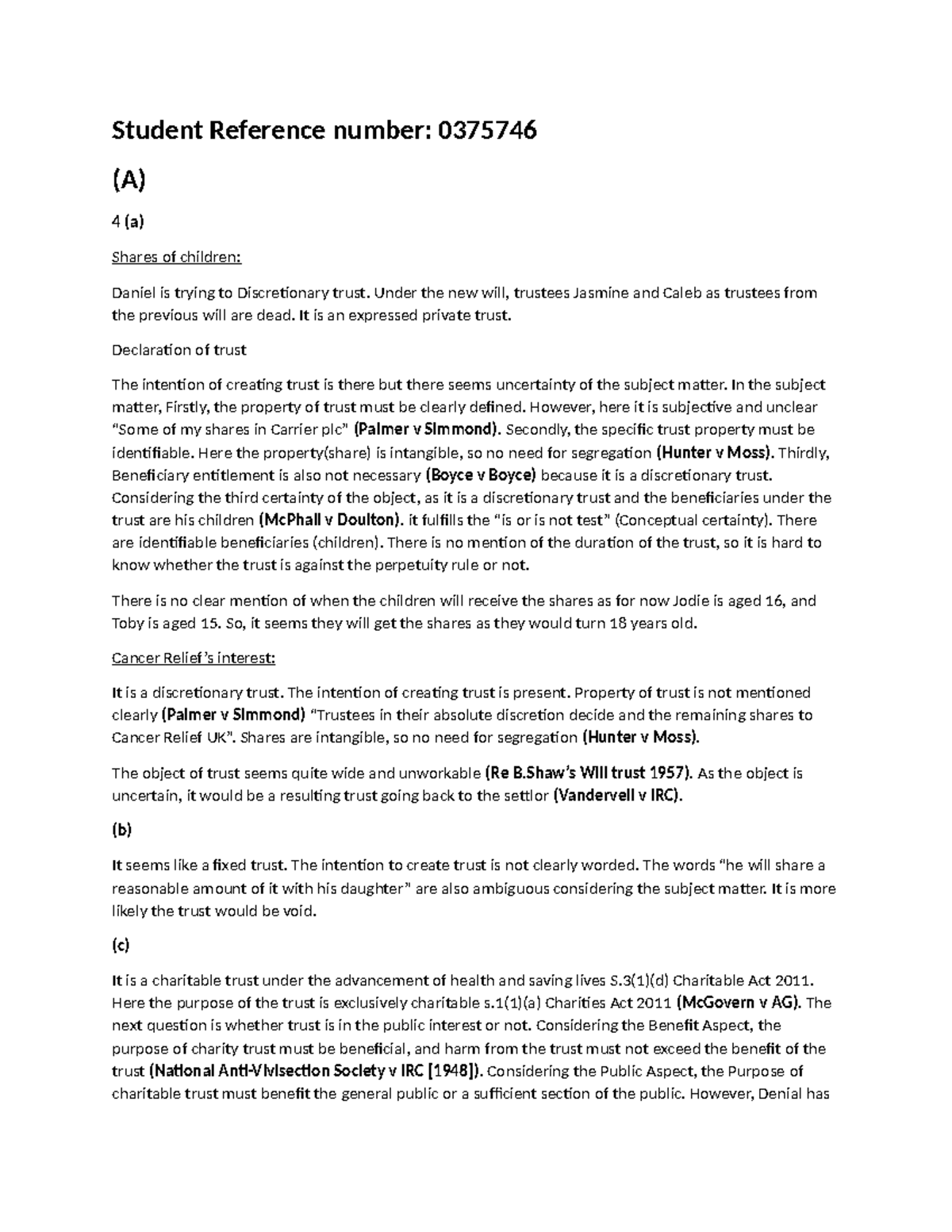 Trust Law Analysis: Discretionary and Charitable Trusts (LAW101) - Studocu
