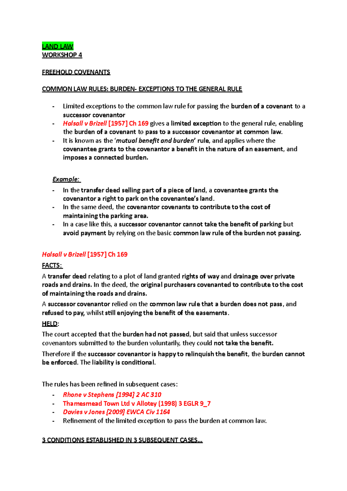 Common Law Rules: Burden & Exceptions - Land Law Workshop 4 - Studocu