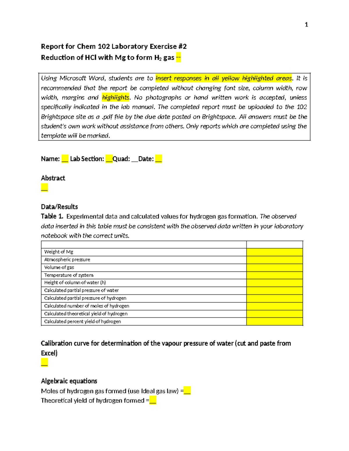 Chem 102 Lab Exercise 2: HCl Reduction with Mg Report Template - Studocu