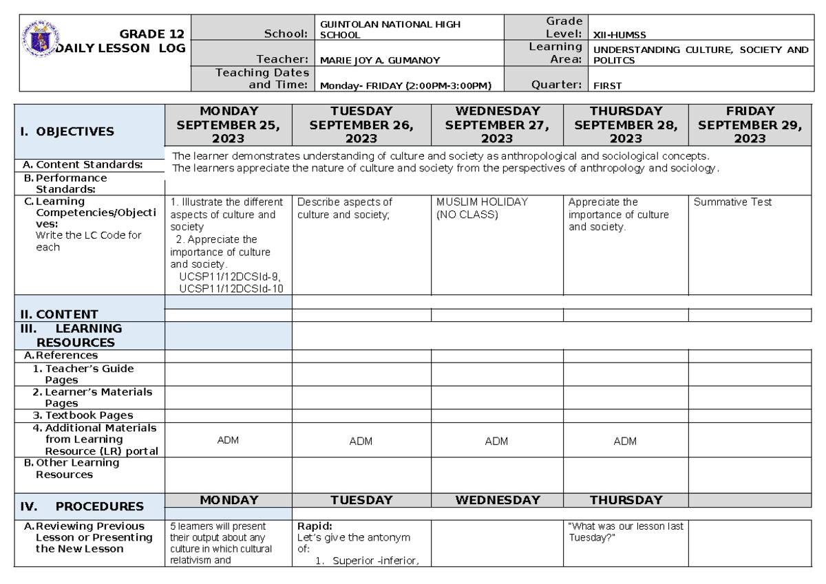 DLL 1ST Quarter UCSP Lesson Plan for Week 5: Exploring Culture ...
