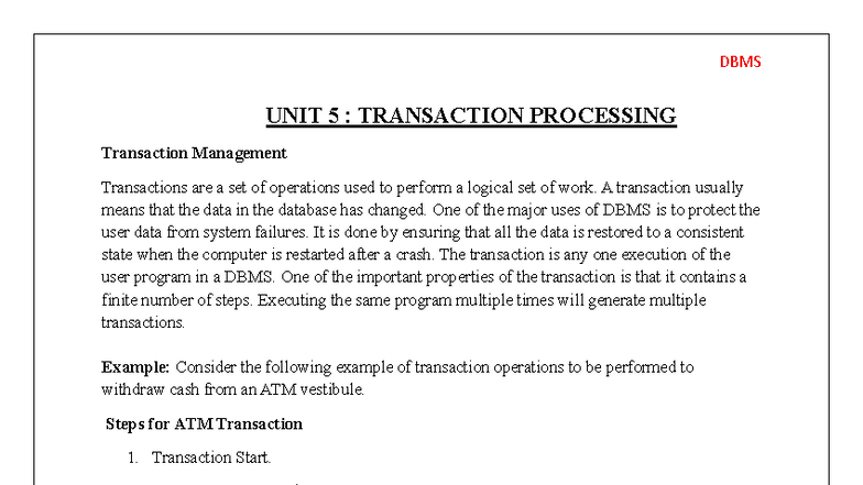 DBMS UNIT 5: Transaction Processing and Management Techniques - Studocu