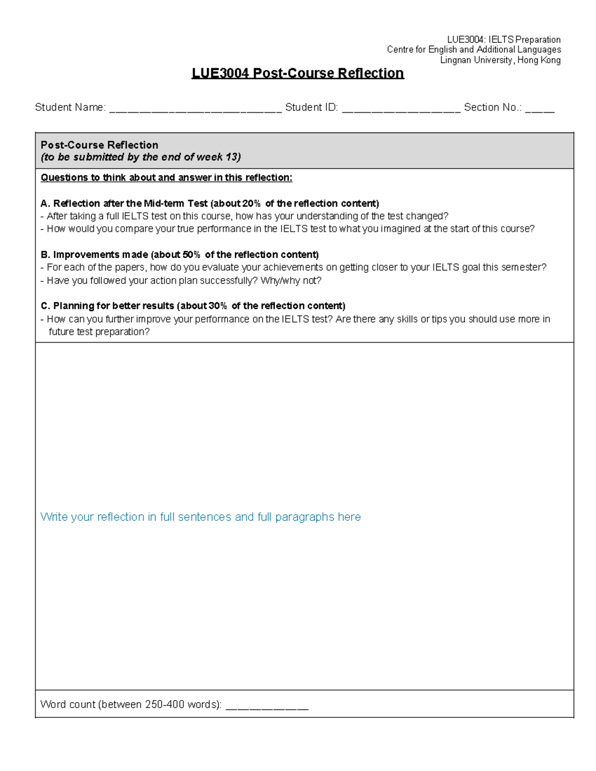 LUE3004 Post Course Reflection Template - LUE3004: IELTS Preparation ...