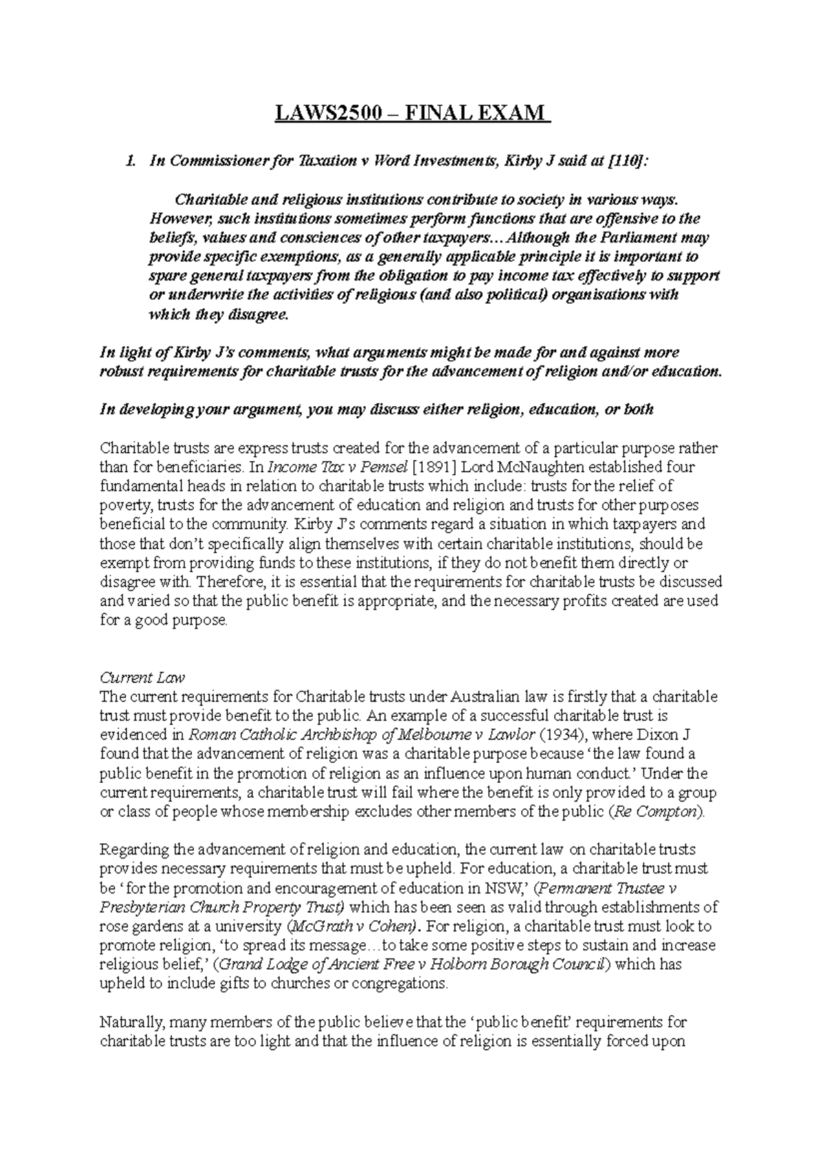 LAWS2500 - Final Exam Analysis on Charitable Trusts and Reform - Studocu