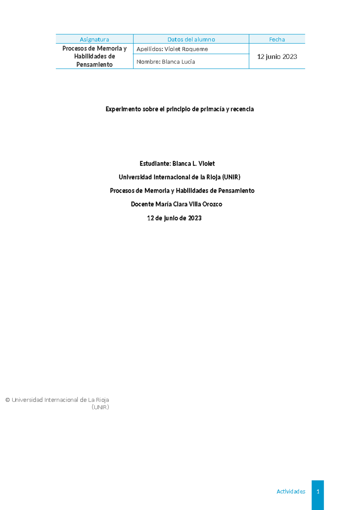 Experimento sobre Primacía y Recencia en Procesos de Memoria (UNIR ...