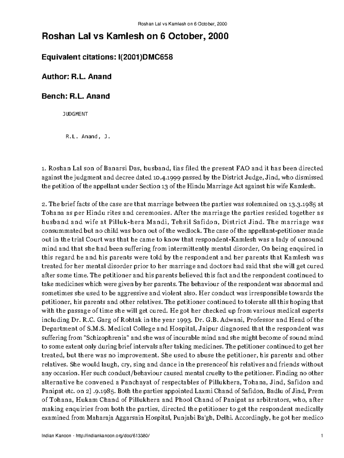 Judgment Analysis Roshan Lal vs Kamlesh, FAO Dated 6 October 2000