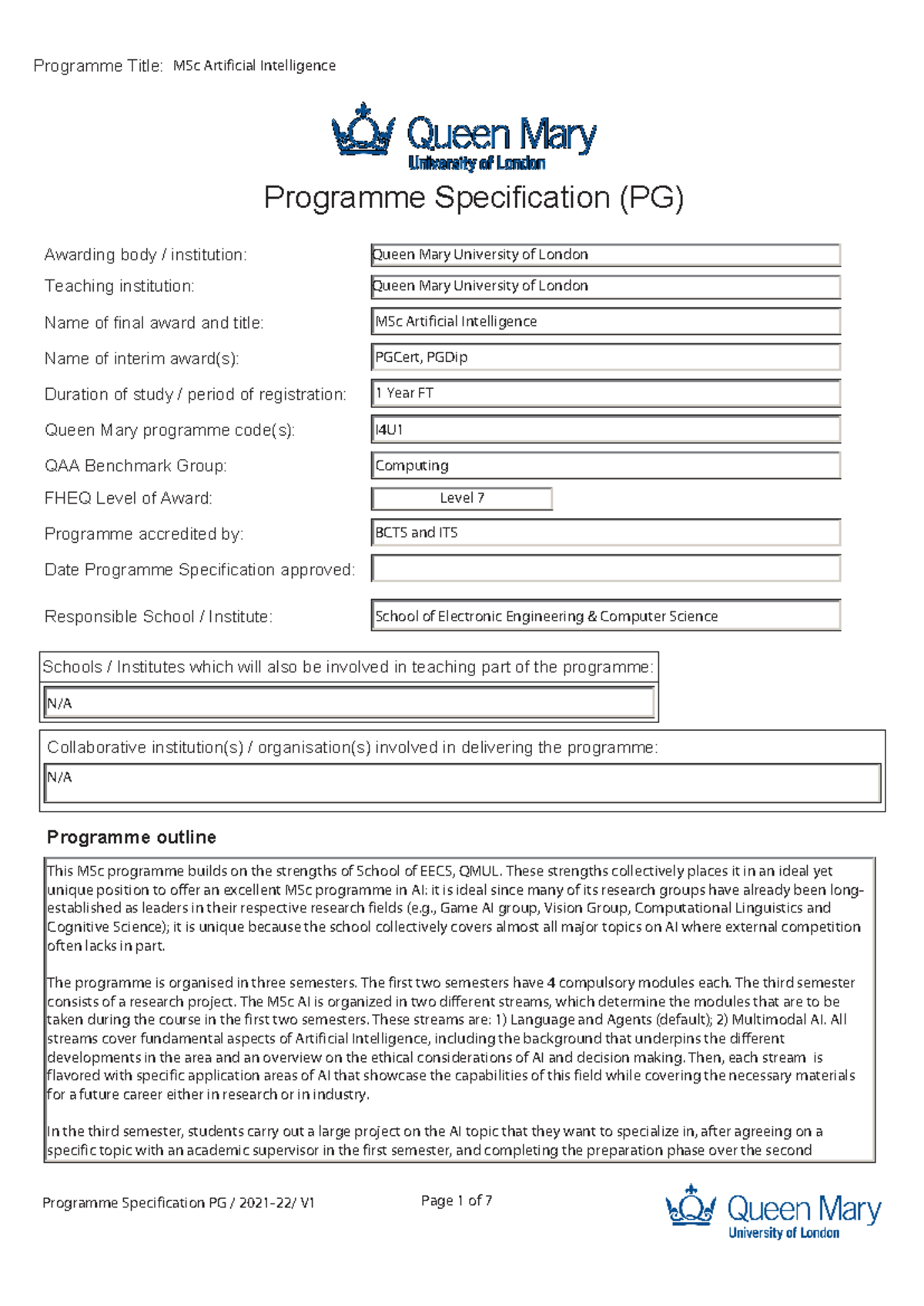 MSc Artificial Intelligence Programme Specification (PG) - FT I4U1 ...
