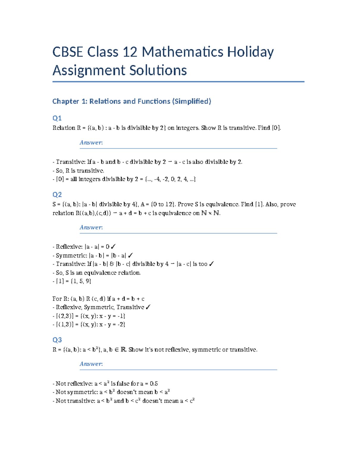 CBSE Class 12 Math Holiday Assignment Solutions: Chapter 1 Relations ...
